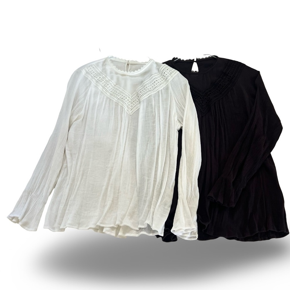 GU Japan 2 x identical Shirt Blouses Black White size US 8 Viscose Lace …